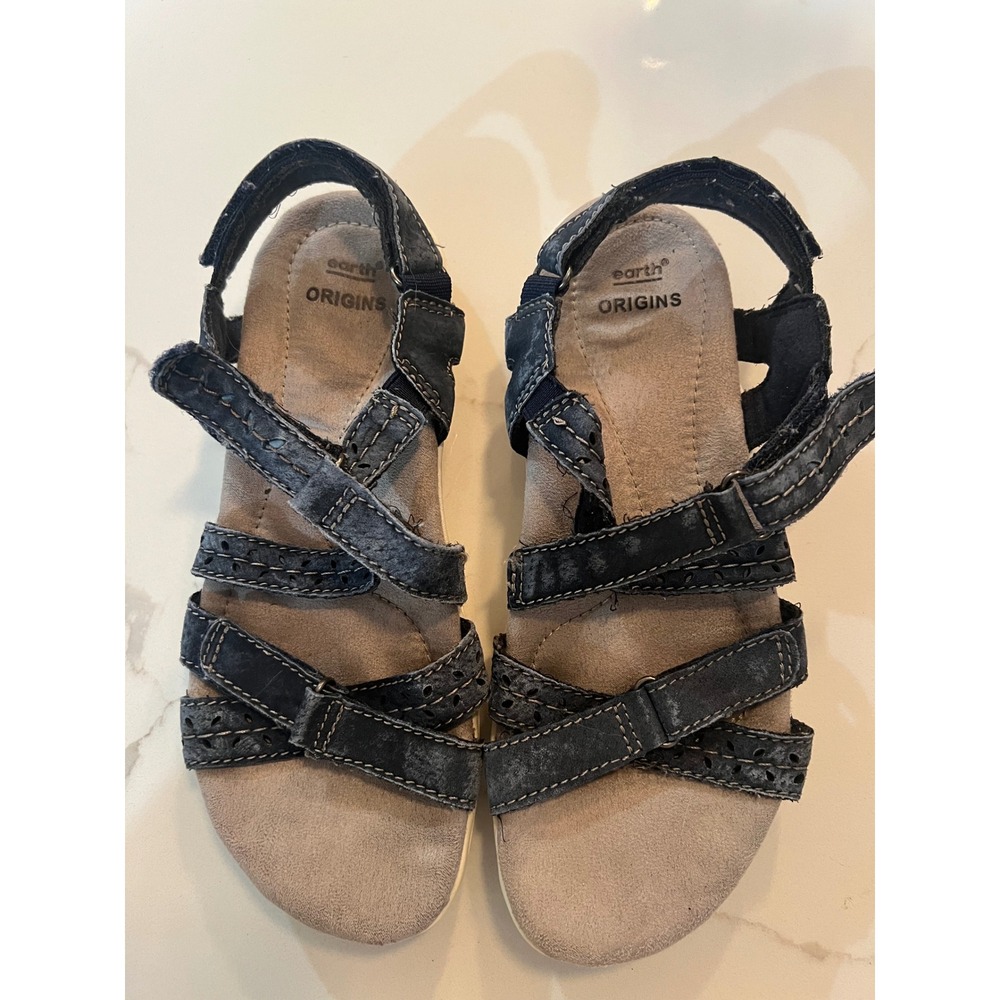 Earth Origins Womens Strappy Comfort Sandals Navy Blue Laser Cut Adjustable 9.5